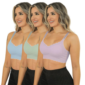 Kit 3 Sutiã Sem Costura Bordas De Ondas Alça Ajustável com Strass Brilhante Feminino