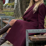 HH Moda Feminina Casaco Borgonha Duplo Breasted Manga Longa Lapela Misturas Jaqueta Outono Inverno High Street Outerwear
