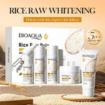 5 pçs Bioaqua arroz  branqueamento conjunto iluminar hidratante hidratar calmante limpador facial + toner + essência + loção + creme cuidados com a pele